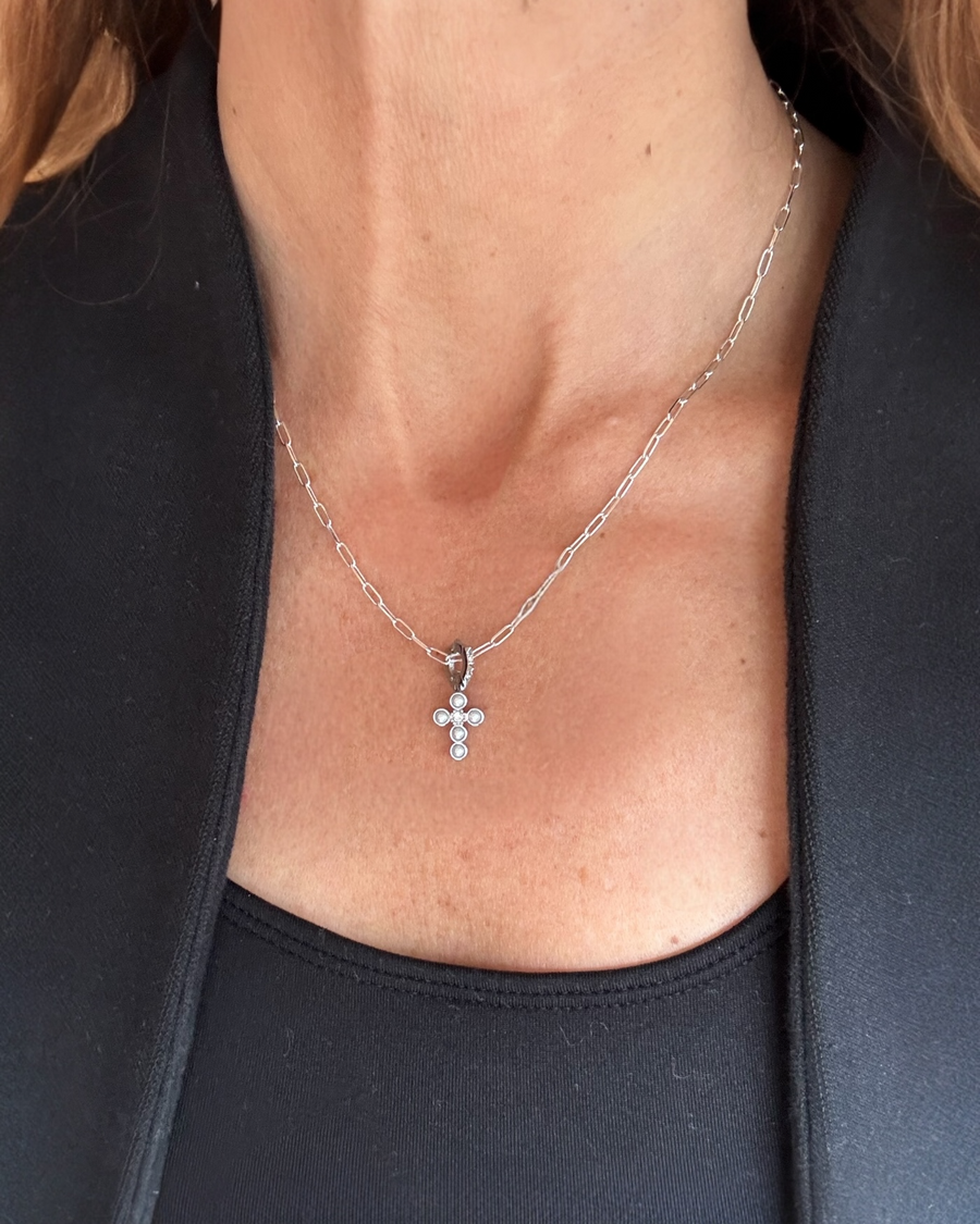 Silver Pearl Cross and Paperclip Chain Necklace